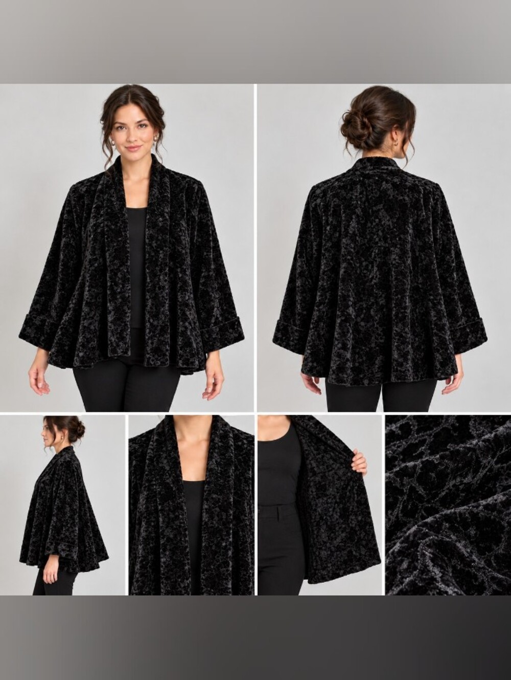 Connected Black Crushed Velvet Open-Front Swing Light Jacket SIZE SMALL